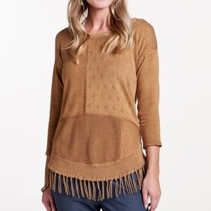Toad&Co Woodstock Pullover Sweater Knit Fringe Tan Organic Cotton Boho Large